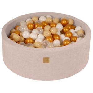 Ollie bebe MeowBaby® Baby Foam Round Ball Pit / Μπαλοπισίνα 90x30cm with 200 Balls 7cm Certified, Velvet, Ecru: Gold/Beige/White/Transparent