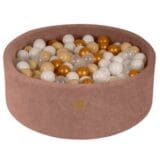 MeowBaby® Baby Foam Round Ball Pit / Μπαλοπισίνα 90x30cm with 200 Balls 7cm Certified, Velvet, Beige: Gold/Beige/White/Transparent