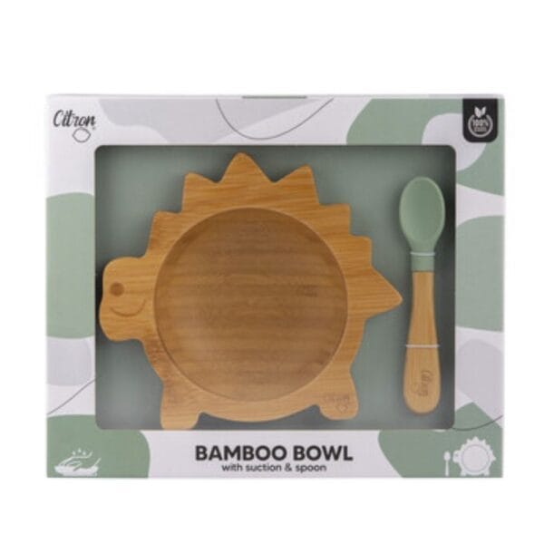 Ollie bebe Dino Bamboo Bowl with Suction and Spoon - Green