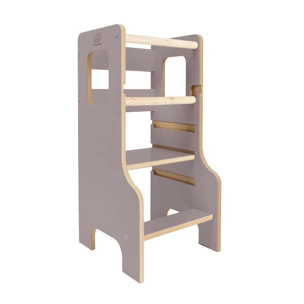 MeowBaby Montessori Πύργος Εκμάθησης / Learning Tower & Βοηθός Κουζίνας / Kitchen Helper Solid - Γκρι Ξύλου / Wooden Grey - Image 2